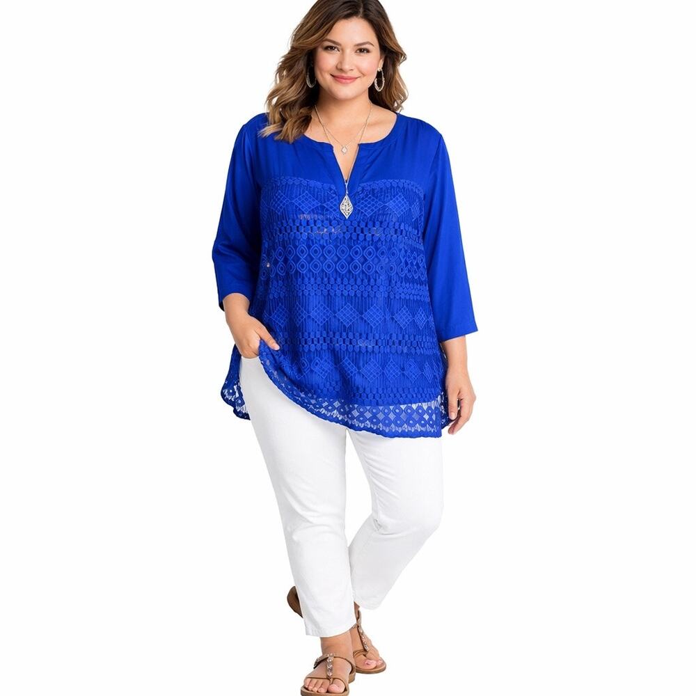 Zac & Rachel Blue Lace Tunic Blouse 2X New With Tags Boho Layered Crochet Top